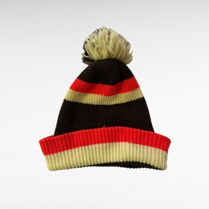 Vintage Wool Kids Winter Hat/ Children&#39;s Cap/ Knit Winter Hat/ Kids Vintage Beannie/ Knitted Hat/ Striped Hat/ 1980&#39;s/ Brown Red Beige/