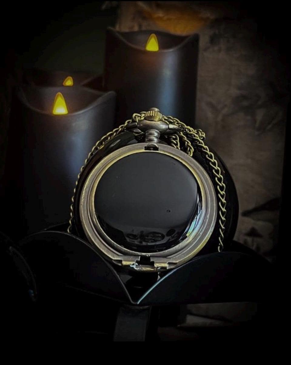 Wearable Scrying Black Mirror Glass Brass Pocket Watch on a Long Brass Chain Divination Alter Realms Witchcraft Tarot Readings Future
