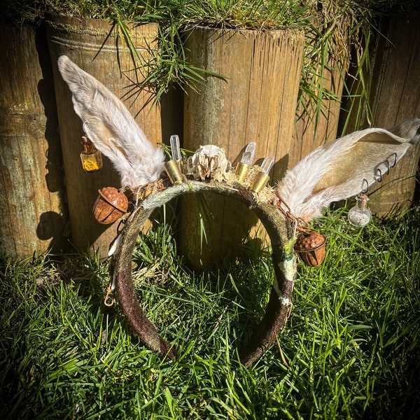 Apocalyptic Bunny Rabbit Ears and Rusty Bells and Chains Headband Costume Larp Wasteland Swamp