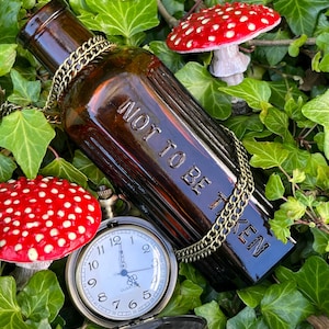 Vintage 1900 Amber Glass Bottle Not To Be Taken Alice Wonderland Apothecary Magic Potion Poison Pills Doctor Medical