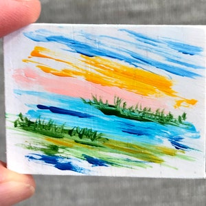 Painting + Easel, Miniature Modern, Dollhouse, Original Acrylic  Painting, 1.5 x 2.0&#39;&#39;, Mountains,  Abstract Painting on the Wood, Landscape