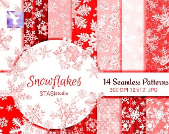 Snowflakes Watercolor Paper Graphics Resources Seamless Patterns Scrapbooking Paper Pack Winter Illustration Planner Stickers Red PaperPack