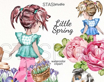 Little Spring Watercolor Clipart Nursery illustration Cute spring puppy flowers