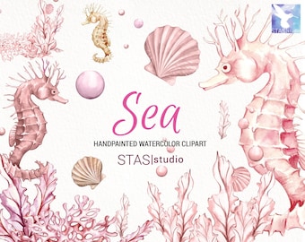 Ocean Watercolor Clipart Seahorse Pink Purple Sea Illustration Bubbles Shell Scallopshell DIY Pack, Underwater Seashell Summer Collage Sheet