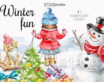 Winter Fun watercolor clipart set, Christmas Clipart, little girl, snowman, puppie, Christmas tree, snow, Winter Holidays