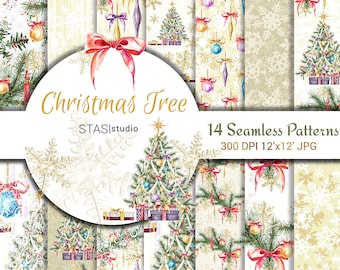 Christmas Tree Paper Pack, Xmas Watercolor Paper, Seamless Patterns Scrapbook, Christmas Illustration Printable, Planer Xmas Scrapbook Paper