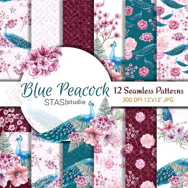 Peacock Watercolor Handpainted Paper, Burgundy Cyan Seamless Patterns, Scrapbook Paper Pack, Digital Paper, Instant Download, Blue Peacock