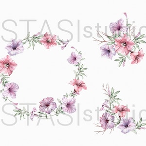 Watercolor Petunias Clipart Boho Floral Wreath Bouquets Wedding invitations Handpainted Pink Purple Flowers Planner Supplies Wedding Clipart image 3