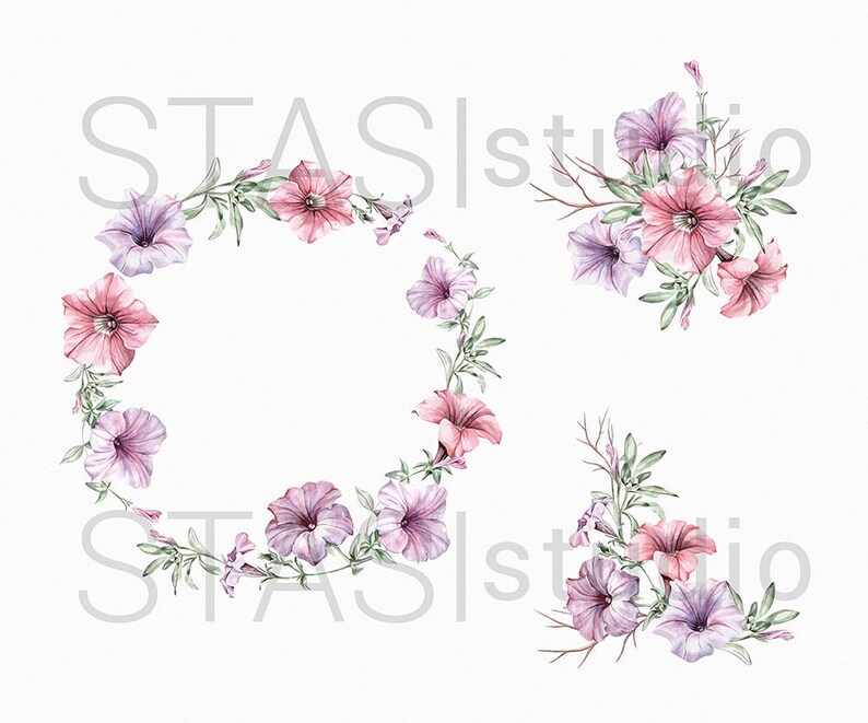 Watercolor Petunias Clipart Boho Floral Wreath Bouquets Wedding invitations Handpainted Pink Purple Flowers Planner Supplies Wedding Clipart image 3