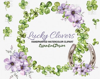 Four Leaf Watercolor Clover, St Patricks Day Clipart Shamrock Wreath Illustration, Horseshoe Clipart, Lucky Day, Green Purple Floral Clipart