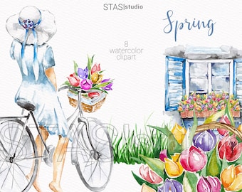 Spring Watercolor Clipart Fashion Girl Tulips illustration Floral Window