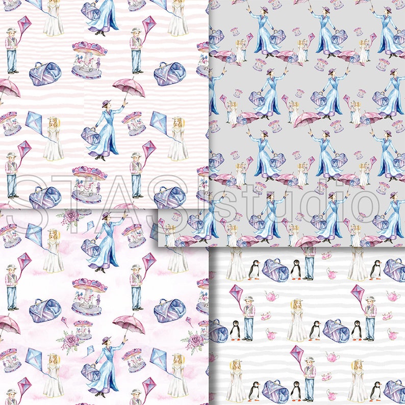 Mary Poppins Paper Pack Digital Fabric Carousel Fairytale Planner Accessories Printable Pink Purple Digital Background Baby Invitation image 4