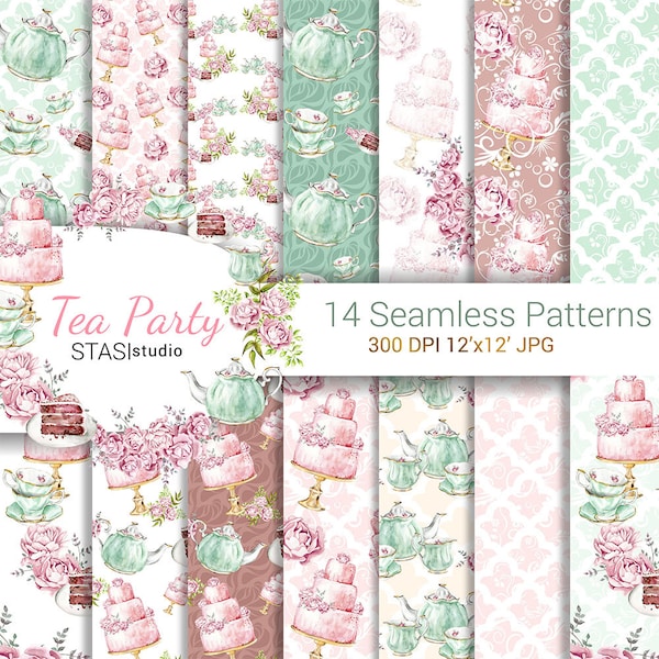 Watercolor Tea Party Seamless Patterns Pink and Mint Planner Illustration Teapot Tea Cup Cake Peonies Digital Paper Pack Bridal Shower
