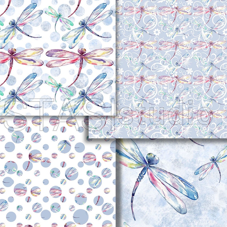 Dragonflies Watercolor Dragonfly Paper Pack Digital Fabrick Etsy
