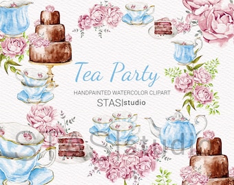 Blue Tea Party Watercolor Clipart Chocolate Cake High Tea Illustration Teapot Tea Cup Cakes Pink Gold Glitter Blue Bridal Shower Invitation