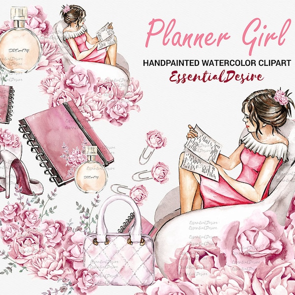 Watercolor Planner Girl Clipart Cute Pink Planner Fashion Girl Clipart Illustrations Peonies Purse Life Planner Fashion Floral Set LifeStyle