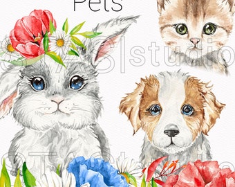 Watercolor pets illustrations Kitten Puppy Rabbit, baby animals clipart, nursery art flowers cat baby shower, cute little animals