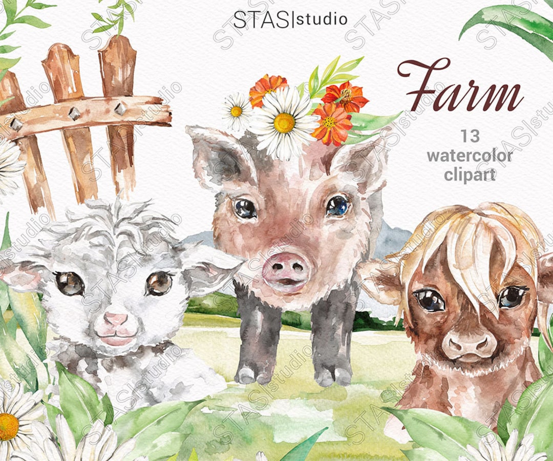 Farm Clipart Watercolor Sheep Piglet Cow Flowers Leaves Little Animals ...