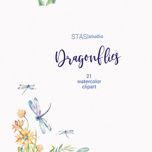 Dragonflies Watercolor Dragonfly Clipart, Blue Green Orange Spring Insect Dragon Fly Illustration Wedding Invitations Printable png DIY image 3