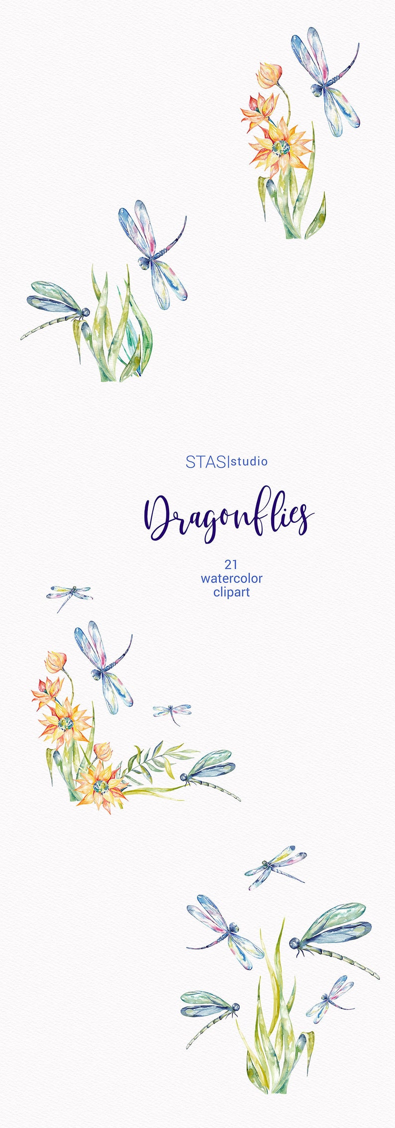 Dragonflies Watercolor Dragonfly Clipart, Blue Green Orange Spring Insect Dragon Fly Illustration Wedding Invitations Printable png DIY image 3