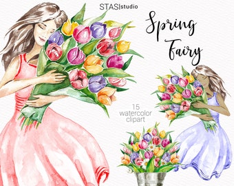 Spring Flowers Watercolor Clipart Set, Fairy Illustration Fashion Planner African American Girl Planner stickers DIY Pink Orange Purple Blue