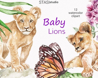 Lions watercolor clipart, Baby lions cute animals nursery illustration, Lion party invitations Lion pride Lion family