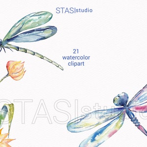 Dragonflies Watercolor Dragonfly Clipart, Blue Green Orange Spring Insect Dragon Fly Illustration Wedding Invitations Printable png DIY image 4