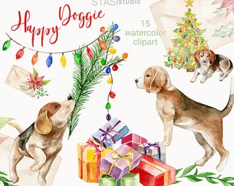 Christmas Watercolor Clipart Happy Doggie Holiday Dog Presents Cute Floral Christmas Pets, Xmas Greetings, Red Green Clipart