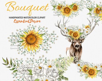 Sunflowers Bouquet Clipart Floral Deer Antlers Clipart Rustic Wedding Flowers Gypsophila Flowers Orange White Floral Clipart Crown Bouquets