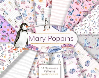 Mary Poppins papier Pack digitale stof carrousel Fairytale Planner accessoires afdrukbare roze paars digitale achtergrond Baby uitnodiging