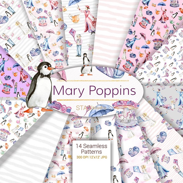 Mary Poppins papier Pack tissu numérique carrousel planificateur de conte de fées accessoires imprimable fond numérique violet rose bébé Invitation