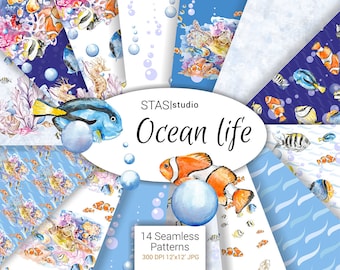 Ocean Life watercolor seamless paper set, Colorful illustration of sea bottom, Underwater Paper Pack, tropical marine fish sea turtle, DIY