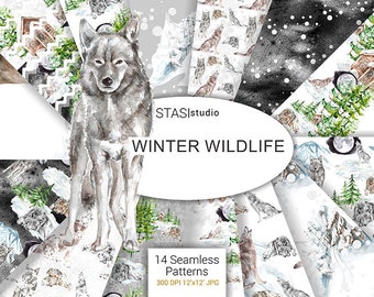 Winter Wildlife Pattern Watercolor Digital Paper Wolf Illustration Snow Moon Forest Woodland wild animals outdoor landscape White Wolf