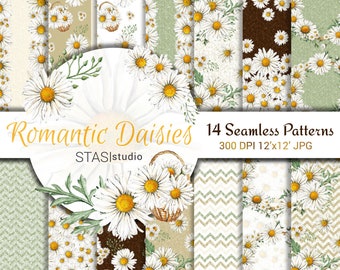 Daisies Aquarelle Handpainted Paper, Seamless Patterns, Scrapbook, Wedding Invitation Pack Floral, Daisy Digital Paper, White Green Floral