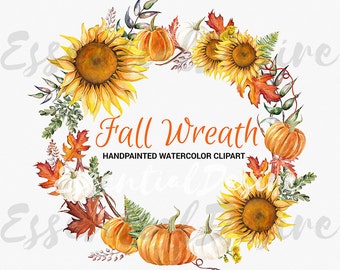 Thanksgiving Clipart, Fall Wreath, Handpainted Illustration, Orange Green Wreath, Sunflower Autumn Clip Art, Watercolor Pumpkin, Halloween