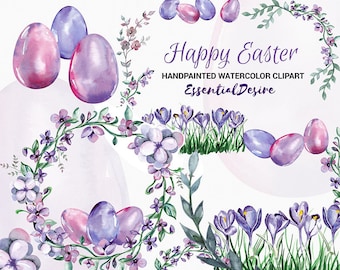 Purple Watercolor Easter Clipart, Purple Crocus Eggs Wreath, Spring Illustration Easter Card Grass, Diy Clipart Pink Purple Floral Elements