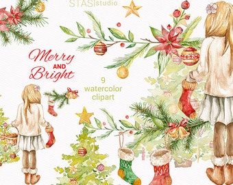 Merry and Bright Clipart, Watercolor Christmas Clipart, Fashion Girl Cozy Winter Illustration Christmas Tree Christmas Sock Planner Stickers