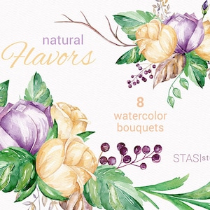 Watercolor Bouquets, Purple Cream Roses Wedding Invitation Flowers Floral Frames Greeting Card Clipart Planner Stickers Flowers Invitation image 1