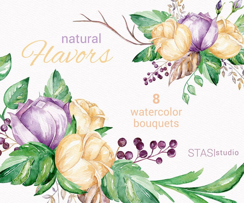 Watercolor Bouquets, Purple Cream Roses Wedding Invitation Flowers Floral Frames Greeting Card Clipart Planner Stickers Flowers Invitation image 1