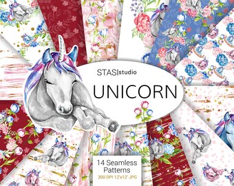 Unicorn Seamless Pattern unicorn designer paper digital paper peonies floral printable fabric, nursery illustration baby unicorn