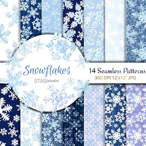 Snowflakes Watercolor Paper Graphics Resources Seamless Patterns Scrapbooking Paper Pack Winter Illustration Planner Stickers Blue PaperPack image 1