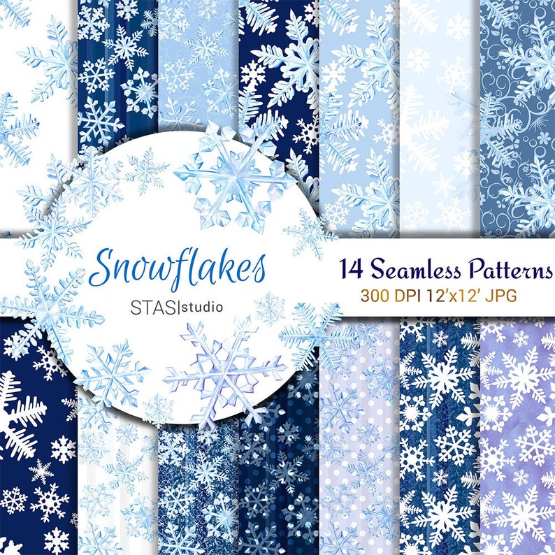 Snowflakes Watercolor Paper Graphics Resources Seamless Patterns Scrapbooking Paper Pack Winter Illustration Planner Stickers Blue PaperPack image 1