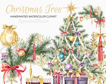 Watercolor Christmas Clipart, Christmas Tree, DIY clipart, Hand Painted, Stickers Illustration, Xmas Tree, Watercolor Set Christmas Graphics