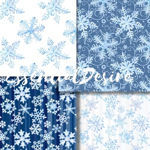 Snowflakes Watercolor Paper Graphics Resources Seamless Patterns Scrapbooking Paper Pack Winter Illustration Planner Stickers Blue PaperPack image 2