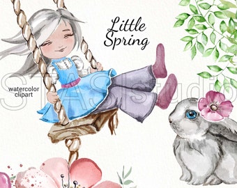 Watercolor Spring clipart Little girl Flowers bunny wreths bouquets kids cute little girl swing little lady