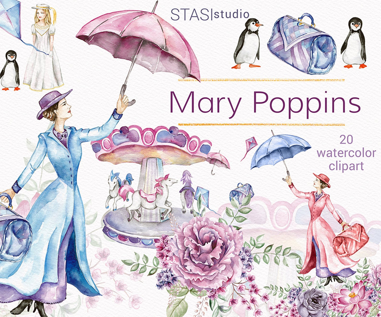 Mary Poppins Watercolor Clipart Carousel Clipart Fairytale Flowers Planner ...