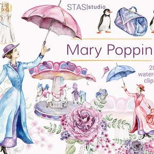 Mary Poppins Watercolor Clipart Carousel Clipart Fairytale Flowers Planner Stickers Cute Clipart image 1