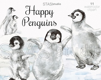 Cute Penguins watercolor clipart, Baby Penguin, Printable Illustrations, Baby Shower Nursery Clip Art, Watercolor penguins and chicks
