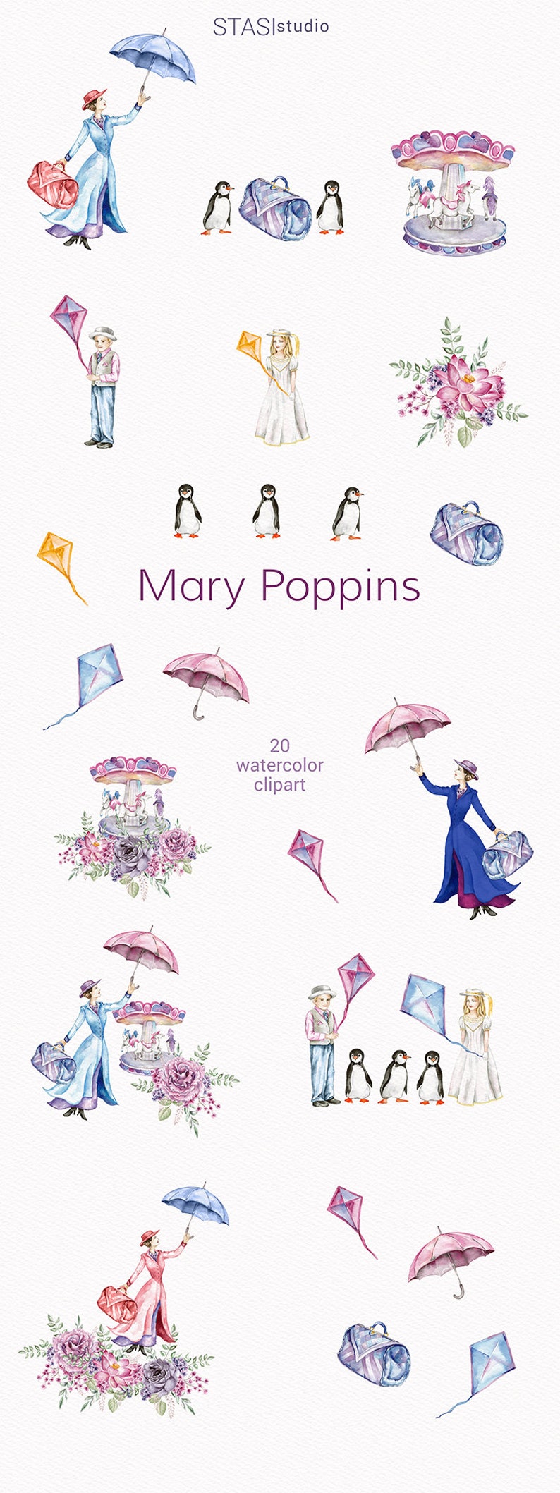 Mary Poppins Watercolor Clipart Carousel Clipart Fairytale Flowers Planner Stickers Cute Clipart image 2