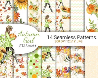 Autumn Girl Paper Pack Thanksgiving Printable Illustrations Fall Fashion Girl Watercolor Autumn Planner Girl Green Orange Pumpkin Sunflower